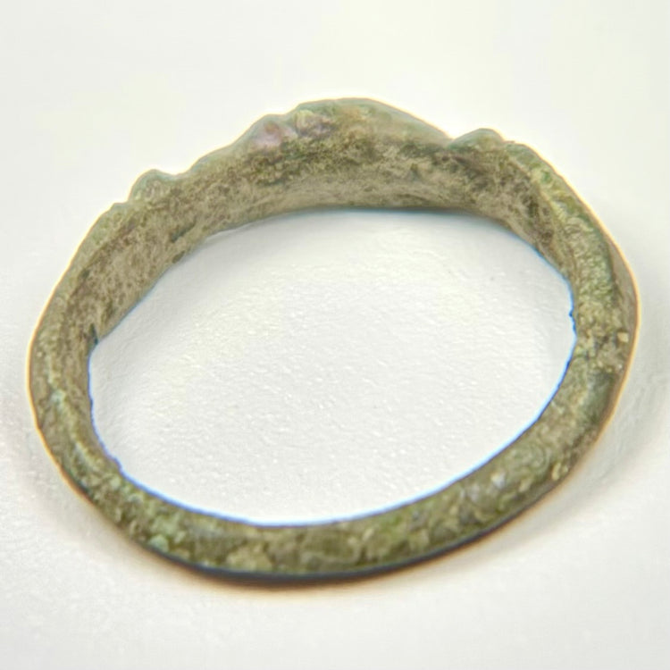 Late Roman bronze ring with engraved palm branch decoration, mineral deposits, and dark olive patina