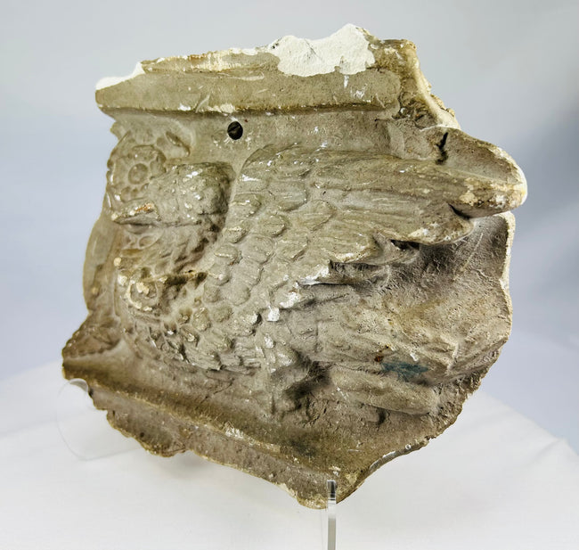 Historical plaster griffin sculpture panel with handwritten Westminster coronation label, circa 1902