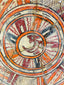 Close-up of zoomorphic center motif on ancient Mesoamerican plate, highlighting fine brushwork and mineral patina.