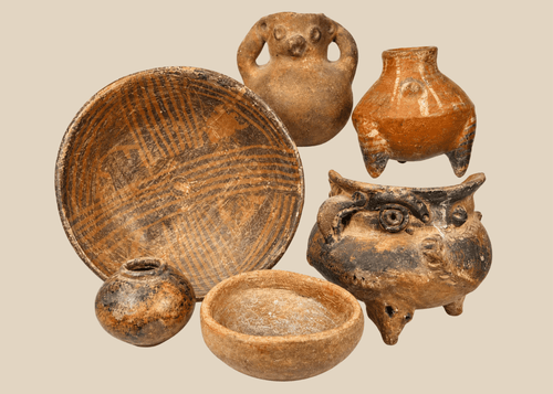 Pre-Columbian ceramic artifact collection featuring six vessels including effigy forms and painted pottery