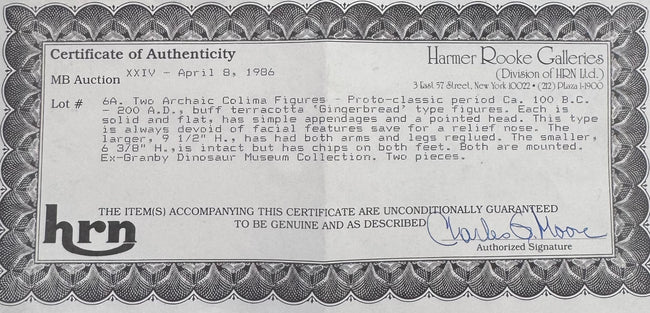 Original Harmer Rooke Galleries Certificate of Authenticity issued for two Ancient Pre-Columbian Colima Gingerbread terracotta figures, Auction XXIV, April 8, 1986