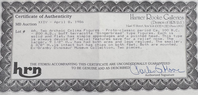 Original Harmer Rooke Galleries Certificate of Authenticity issued for two Ancient Pre-Columbian Colima Gingerbread terracotta figures, Auction XXIV, April 8, 1986