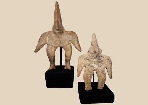 Ancient Pre-Columbian Colima Gingerbread terracotta figures from West Mexico mounted for display