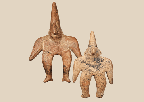Ancient Pre-Columbian Colima Gingerbread terracotta figures from West Mexico mounted for display