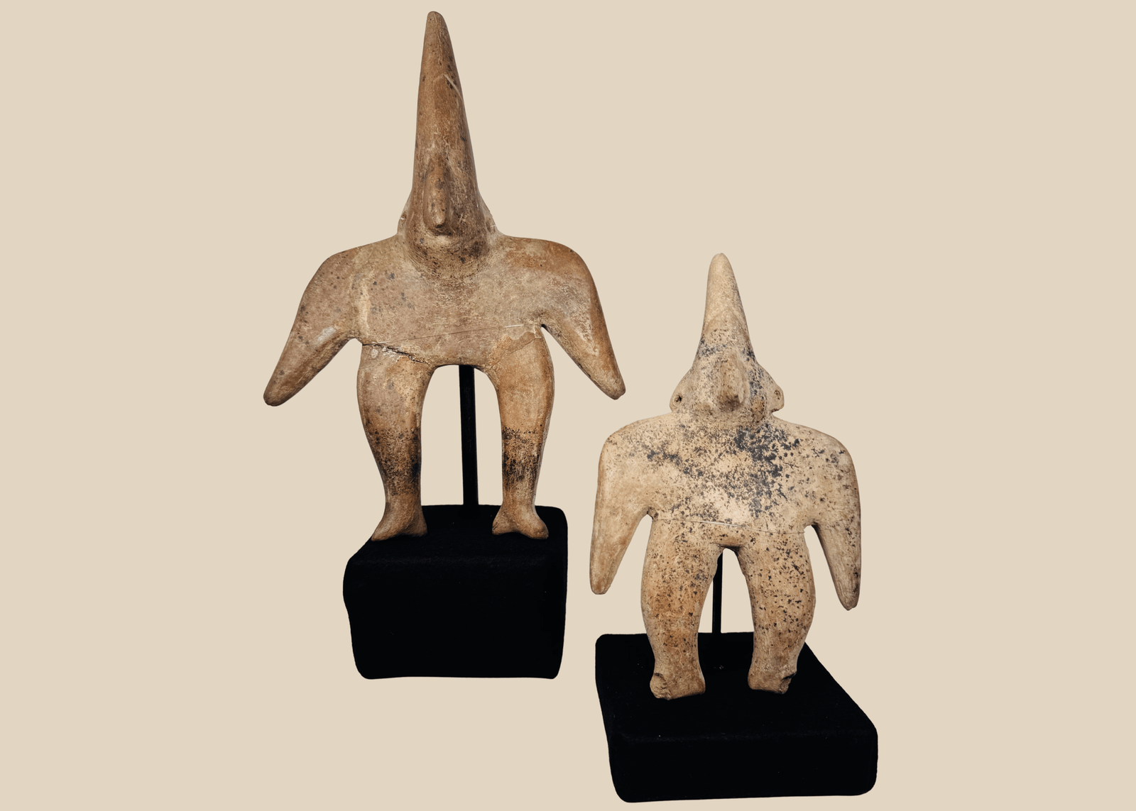 Ancient Pre-Columbian Colima Gingerbread terracotta figures from West Mexico mounted for display