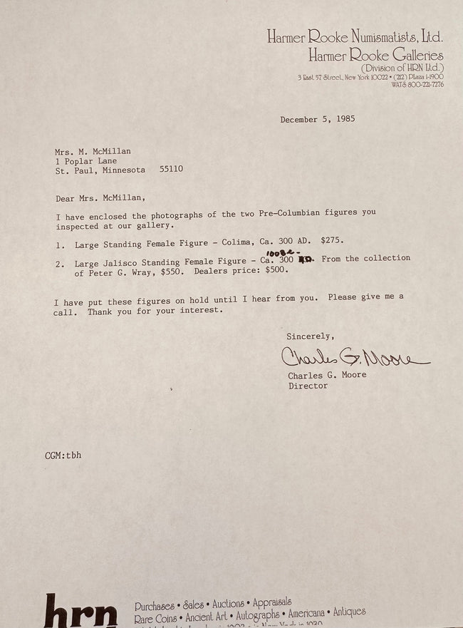 Original 1985 Harmer Rooke Galleries letter documenting two Ancient Colima Gingerbread terracotta figures and signed by Director Charles G. Moore