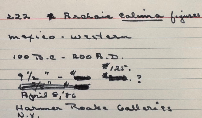 Original handwritten McMillan Collection inventory notes documenting the Ancient Pre-Columbian Colima Gingerbread terracotta figures, acquisition from Harmer Rooke Galleries, and dating information