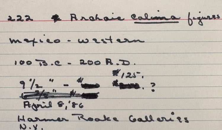 Original handwritten McMillan Collection inventory notes documenting the Ancient Pre-Columbian Colima Gingerbread terracotta figures, acquisition from Harmer Rooke Galleries, and dating information