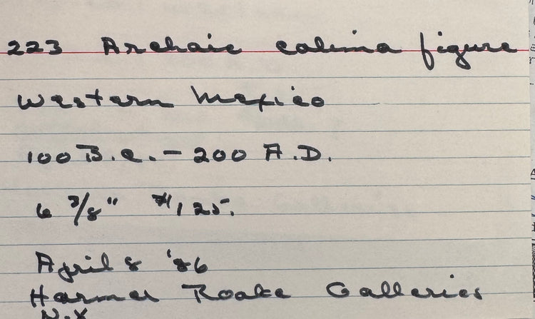 Original handwritten McMillan Collection inventory notes documenting the second Ancient Pre-Columbian Colima Gingerbread terracotta figure, including acquisition, dating, and collection records