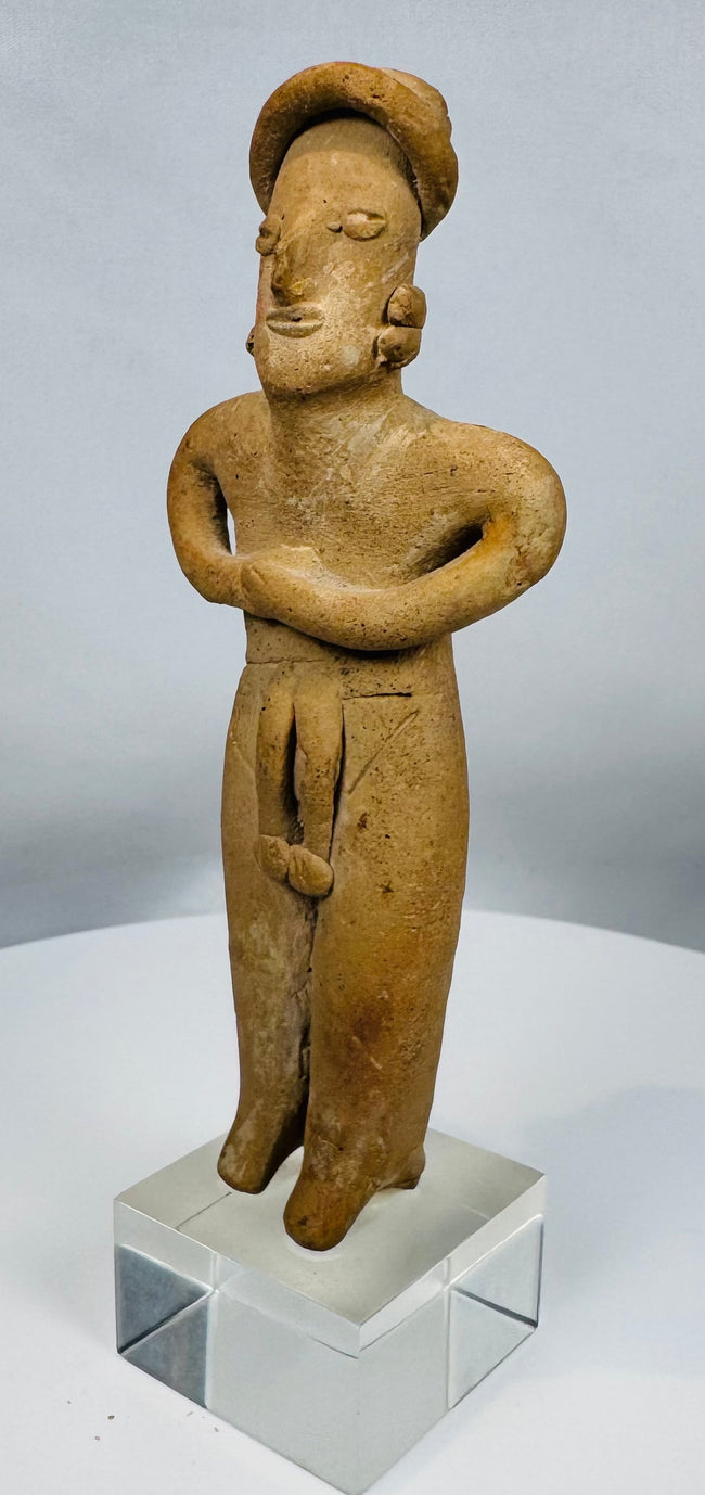 Ancient Colima funerary figure crafted from hand-modeled terracotta, dating to 300 BCE–300 CE.