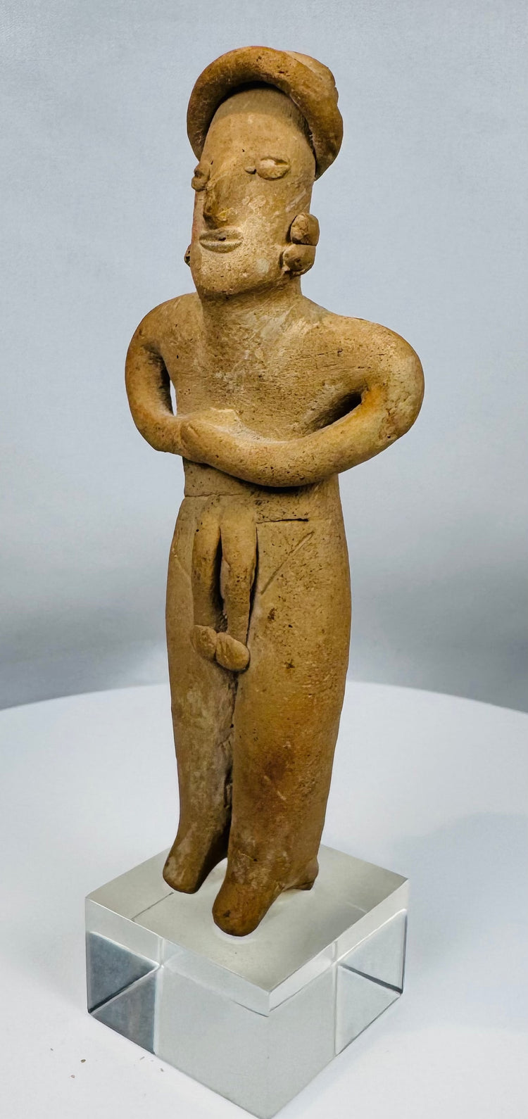 Ancient Colima funerary figure crafted from hand-modeled terracotta, dating to 300 BCE–300 CE.