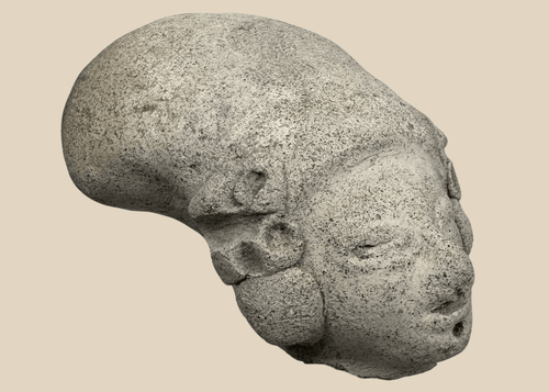 Pre-Columbian terracotta effigy head from West Mexico depicting a stylized human figure with elongated cranial form.