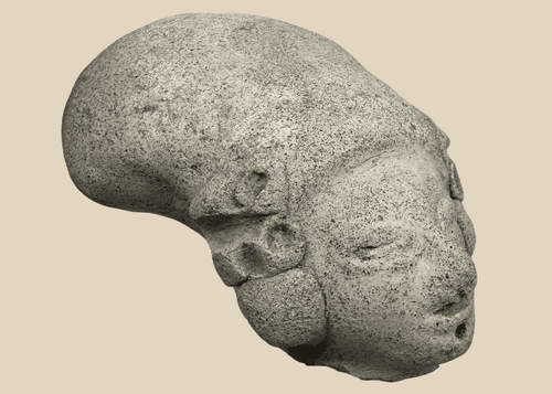 Pre-Columbian terracotta effigy head from West Mexico depicting a stylized human figure with elongated cranial form.