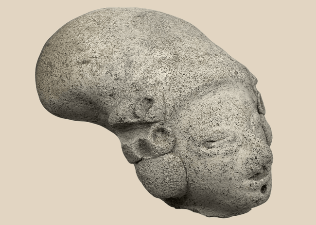 Pre-Columbian terracotta effigy head from West Mexico depicting a stylized human figure with elongated cranial form.