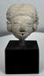 Ancient terracotta head with cranial modification and large circular ear spools from Pre-Columbian Mexico.