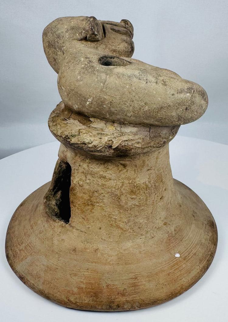 Coastal Ecuador Manteño Culture terracotta incense burner displaying hand-modeled craftsmanship and burial patina.