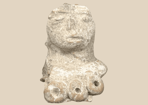 Pre-Columbian terracotta female figure fragment with prominent headdress and stylized facial features, Mesoamerica, circa 300 BCE–600 CE.