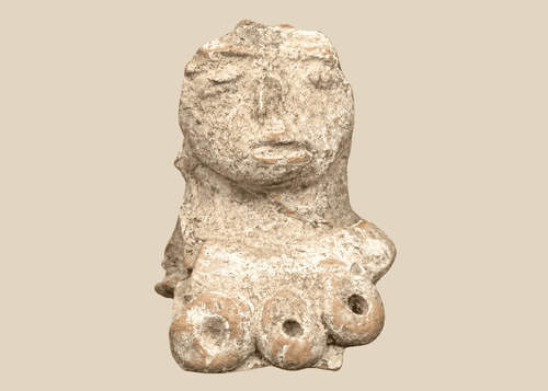 Pre-Columbian terracotta female figure fragment with prominent headdress and stylized facial features, Mesoamerica, circa 300 BCE–600 CE.