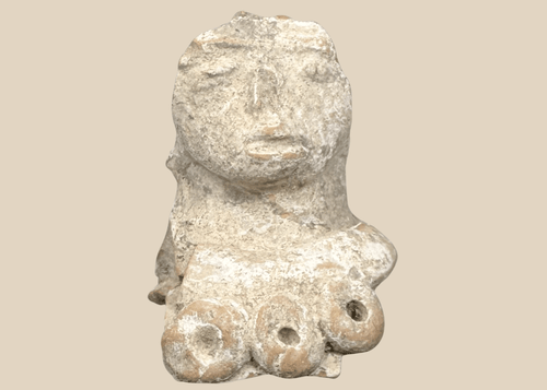Pre-Columbian terracotta female figure fragment with prominent headdress and stylized facial features, Mesoamerica, circa 300 BCE–600 CE.