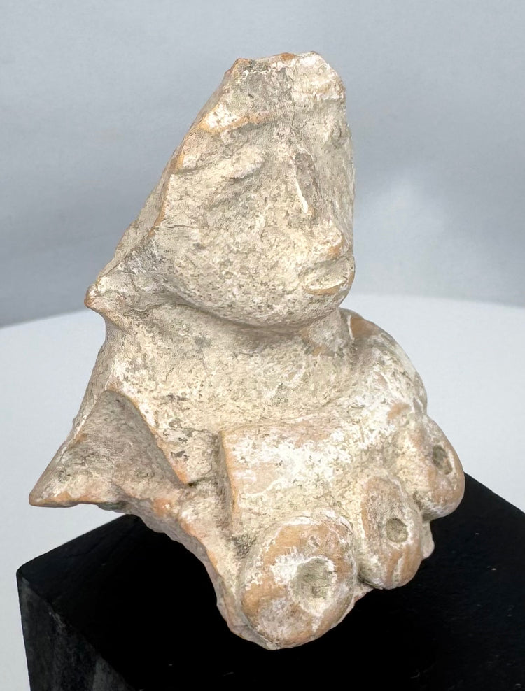 Authentic Pre-Columbian terracotta female figure fragment mounted for display, dating to circa 300 BCE–600 CE.