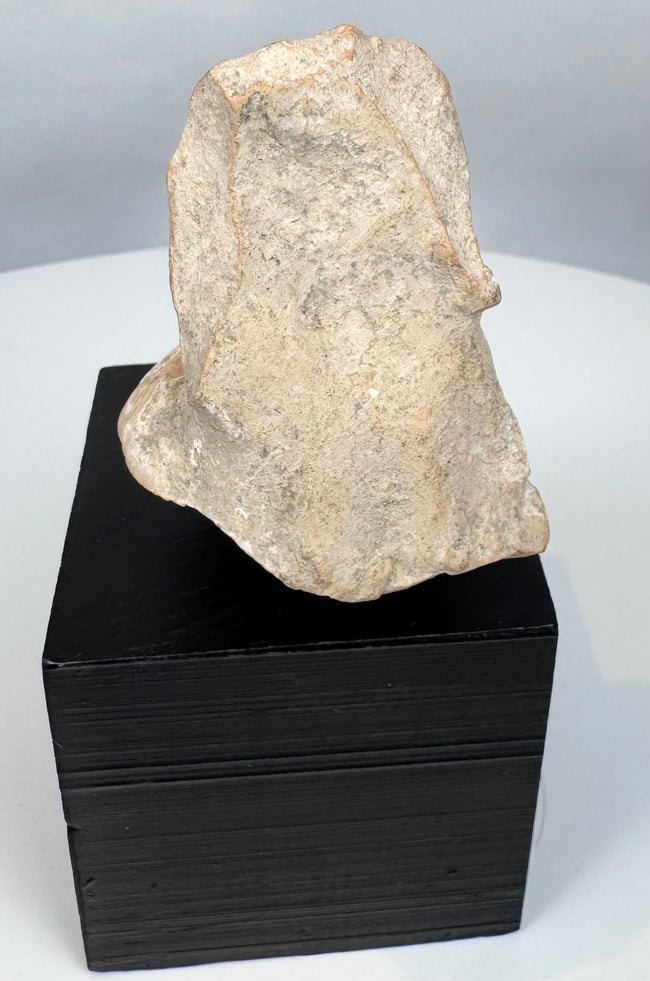 Ancient Mesoamerican figural fragment showing stylized female features and prominent headdress remains.