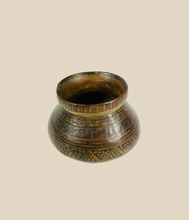 Pre-Columbian Mesoamerican ceramic vessel, 3.9 x 5.4 in, with monochrome and polychrome decoration depicting mythological and ritual motifs, Northern Mexico to Guatemala, Olmec to Aztec period.