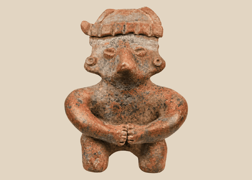 Ancient Nayarit terracotta seated figure from West Mexico Shaft Tomb tradition on a black museum stand