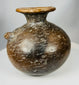 Ancient Nicoya pottery with raised animal motifs and mineral deposits
