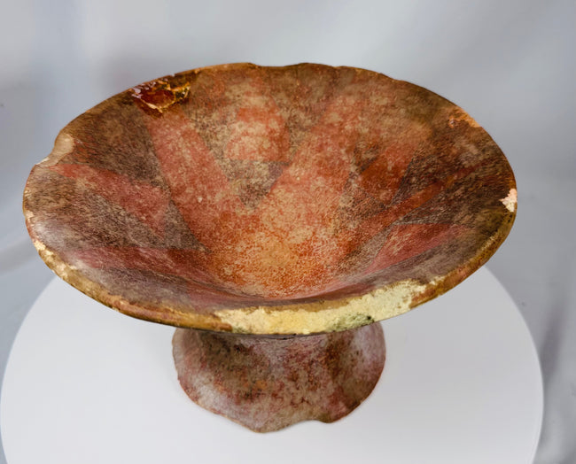 Pre-Columbian ceremonial bowl with flared basin, hollow pedestal foot, and hand-painted geometric patterns.