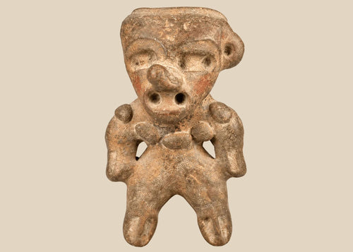 Ancient Pre-Columbian terracotta standing figure from West Mexico (Nayarit/Colima/Jalisco), circa 300 BCE–500 CE, with stylized head, pierced ears, and wide stance, mounted on a black display base, photographed on a white background