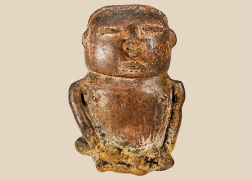 Pre-Columbian terracotta effigy vessel seated human figure with reddish-brown patina
