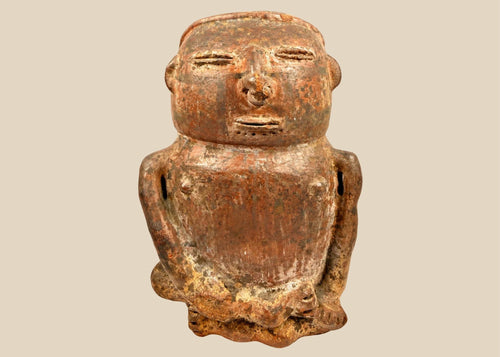 Pre-Columbian terracotta effigy vessel seated human figure with reddish-brown patina