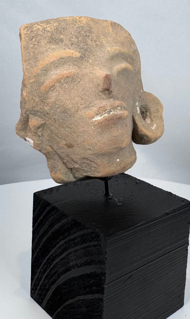 West Mexican terracotta head with almond-shaped eyes, prominent nose, and circular ear spool.