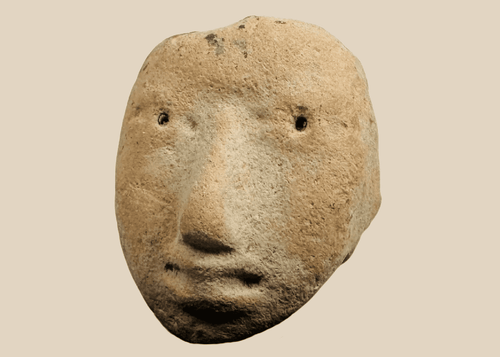 Pre-Columbian terracotta human head fragment with stylized facial features mounted on a custom display stand.