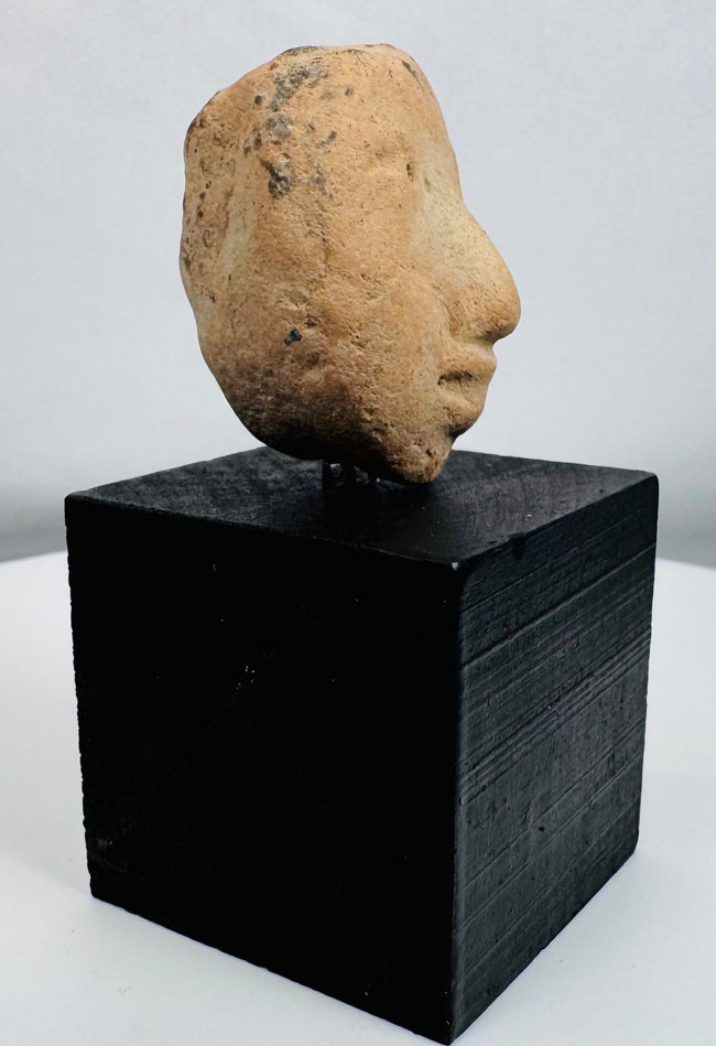 Ancient American terracotta head fragment preserving a serene expression and rounded facial form.