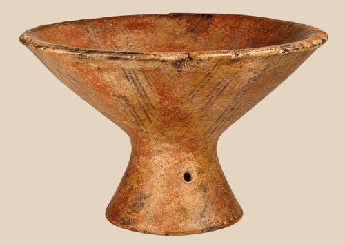 Ancient Pre-Columbian terracotta pedestal vessel with geometric painted decoration