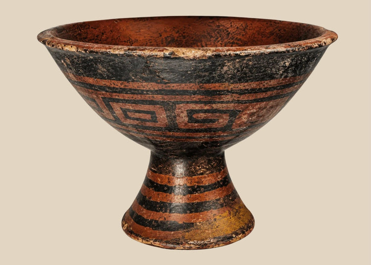 Pre-Columbian terracotta pedestal bowl with geometric painted decoration, circa 500 BCE–1200 CE