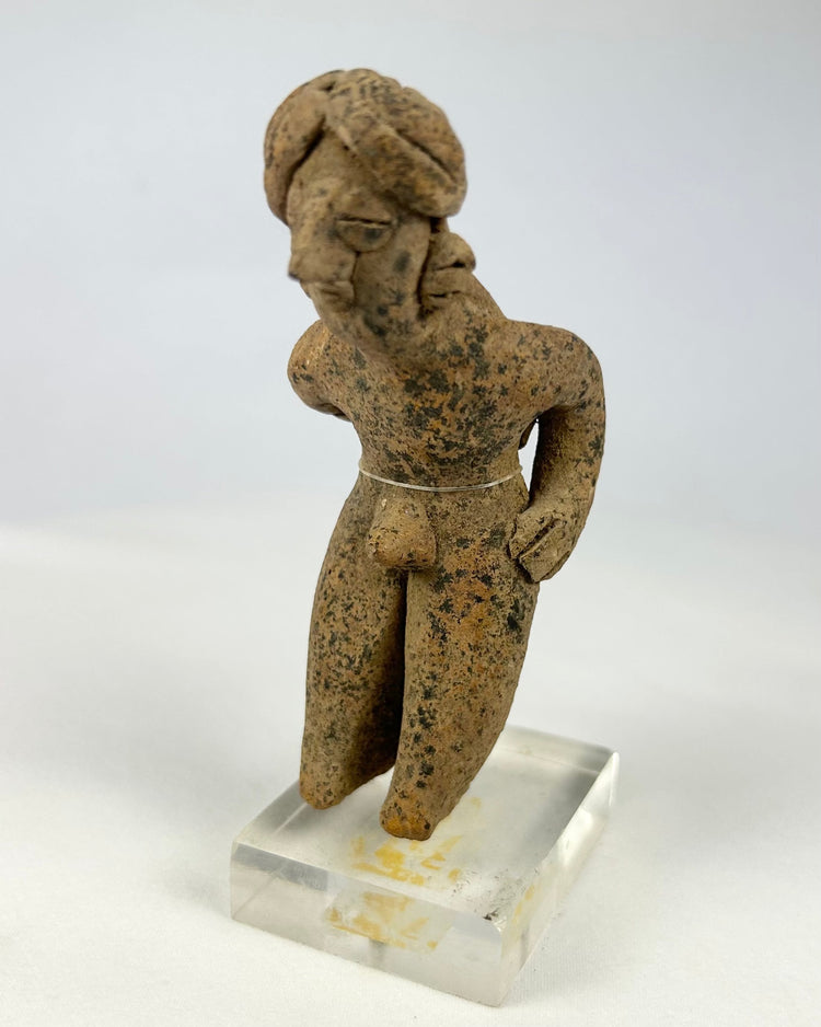 Ancient Nayarit or Colima shaft-tomb terracotta figure with bent arms and burial patina, 1,500–2,300 years old