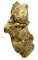 Angled view of stacked figure ceramic emphasizing depth of upper headdress design