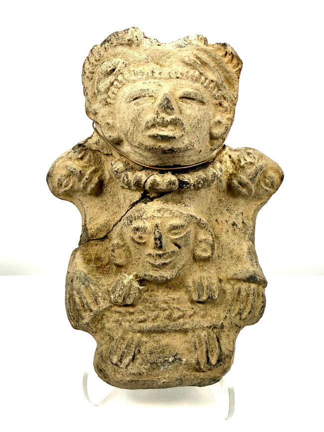 Pre-Columbian Veracruz dual-figure ceramic effigy with stacked figures and textured headdress