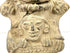 Close-up of lower sculpted face on beige earthenware with hand reliefs and fracture line