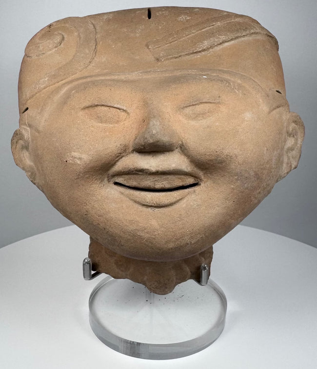 Pre-Columbian Veracruz Sonriente sculpture with open smiling mouth and raised headdress decoration