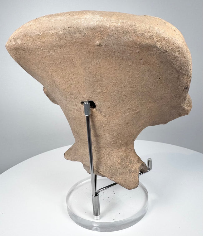 Pre-Columbian Mexican Sonriente head with hollow construction and detailed ceremonial headgear