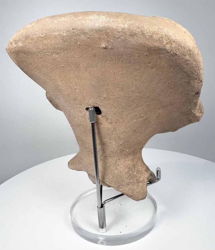 Pre-Columbian Mexican Sonriente head with hollow construction and detailed ceremonial headgear