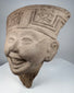 Veracruz Sonriente terracotta sculpture with central striated panel and geometric headdress motifs