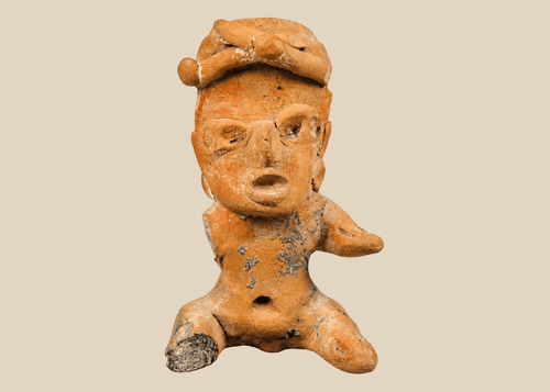 Ancient Pre-Columbian West Mexico seated terracotta figure with stylized face, headdress, and traces of pigment