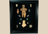 Framed Pre-Columbian artifact shadow box with terracotta, stone, and shell pieces behind glass, showing light reflections on the display surface.