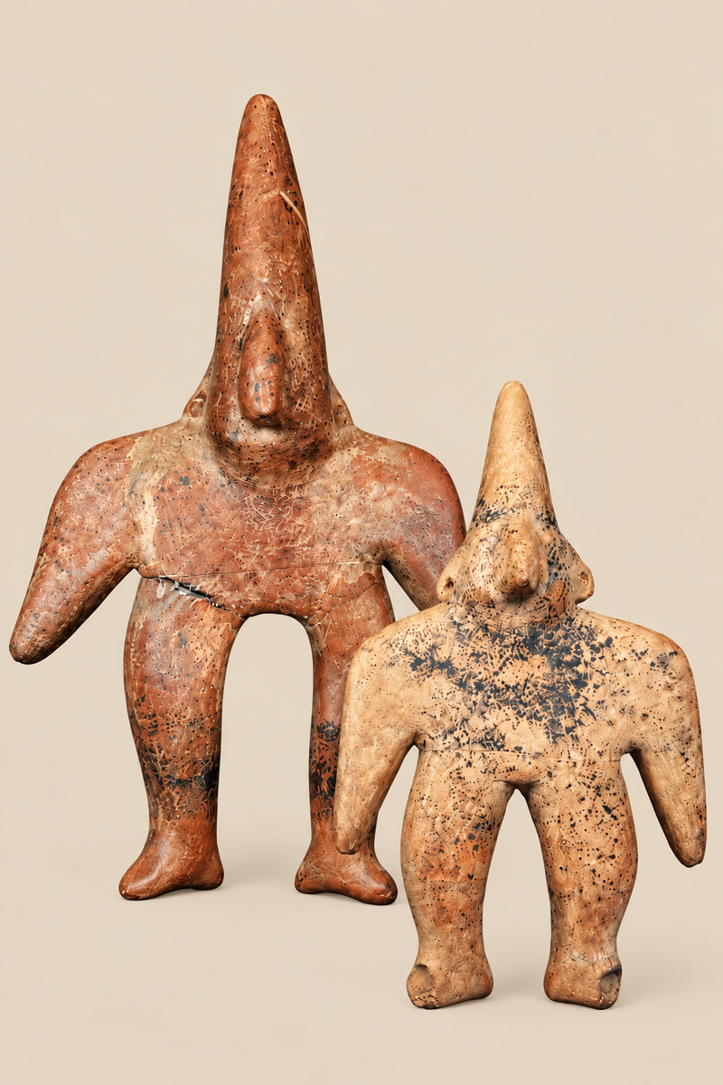 Pair of stylized Pre-Columbian terracotta figures with pointed heads and outstretched arms, displayed on black stands.