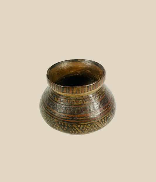 Pre-Columbian Mesoamerican ceramic vessel, 3.9 x 5.4 in, with monochrome and polychrome decoration depicting mythological and ritual motifs, Northern Mexico to Guatemala, Olmec to Aztec period.