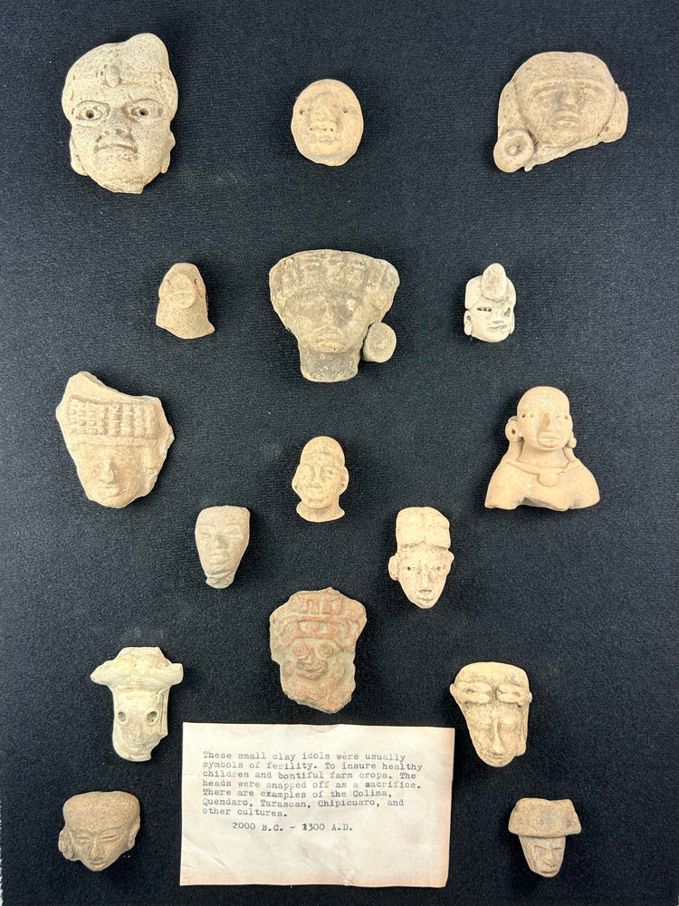Ancient Mesoamerican Clay Figurine & Mask Fragments | Shadowbox of 16 | 200 BCE–900 CE